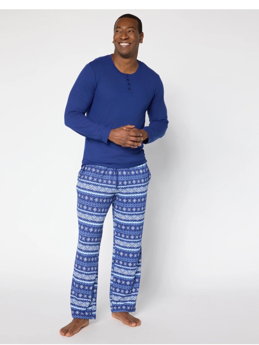 muk luks mens 2 pc pajamas set snowflake print henley shirt/pants sz large nwt